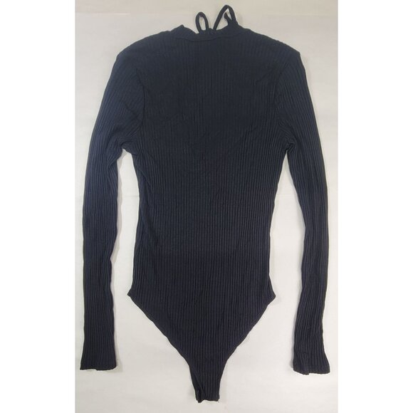 Honey Punch Bodysuit Ribbed Black Long Sleeve V-Neck Womens Small NWT - Picture 2 of 8